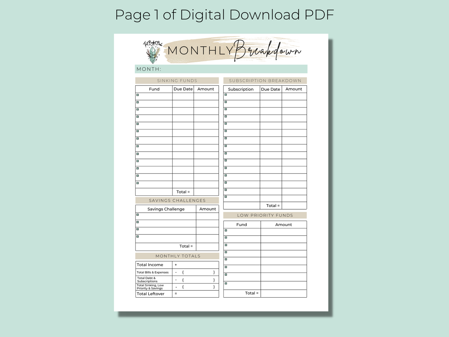 Monthly Expense Breakdown | Instant PDF Download