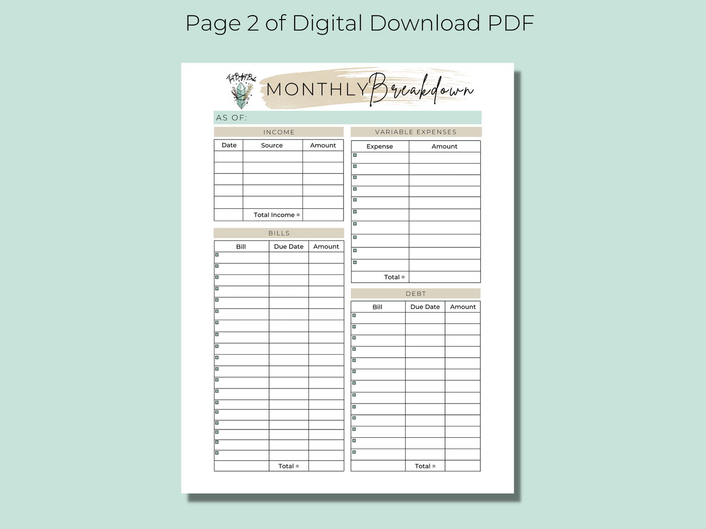 Monthly Expense Breakdown | Instant PDF Download