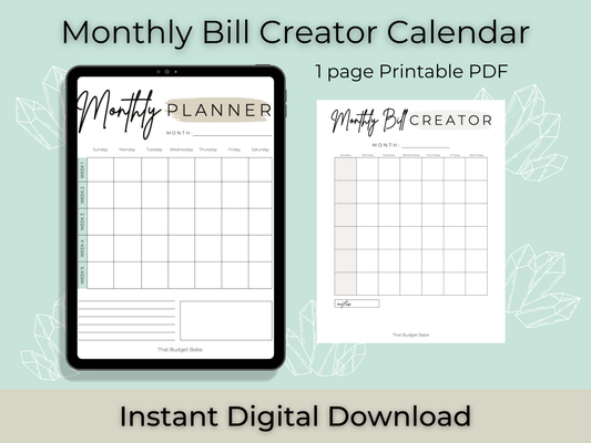 Monthly Bill Creator Calendar | Instant PDF Download